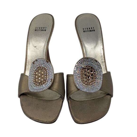 Stuart Weitzman Slip On Rhinestone Trimmed Heel Sandals Gold Size 8 - Picture 2 of 12
